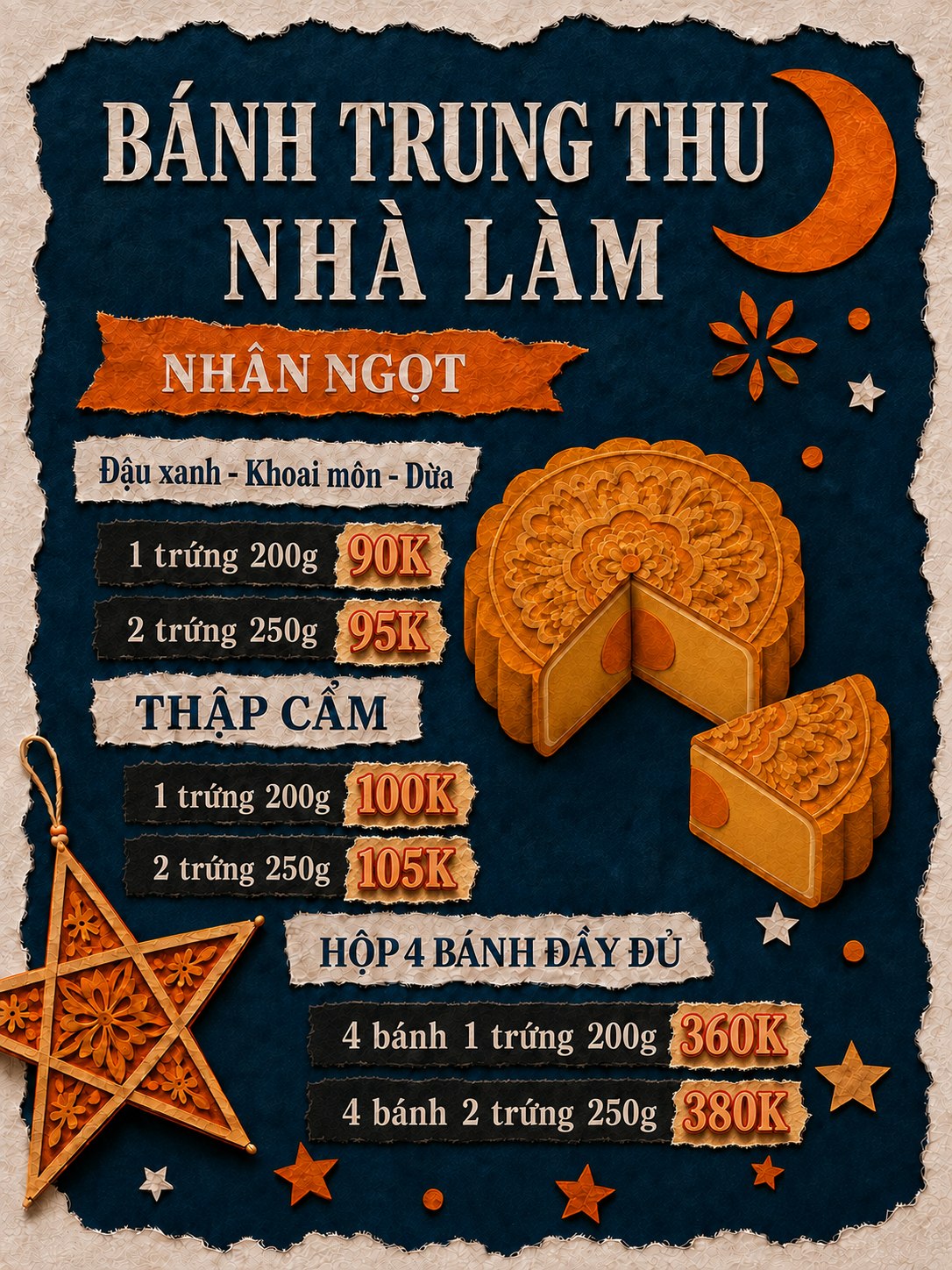 Menu bánh trung thu nhà làm — nhân ngọt 90-95K, thập cẩm 100-105K, hộp 4 bánh 360-380K